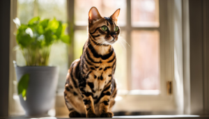 Bengal cat with a sleek coat featuring striking spotted and marbled patterns, sitting gracefully on a windowsill with sunlight streaming through and a potted plant in the background.