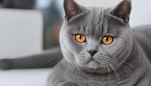A close-up of a gray British Shorthair cat with striking amber eyes, lying on a white surface and looking relaxed.