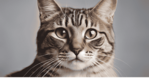 A healthy cat sitting upright with bright eyes and a calm demeanor.
