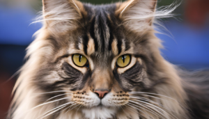 Close-up of a majestic Maine Coon cat with long fur and striking yellow eyes, gazing directly at the camera against a blurred outdoor background.
