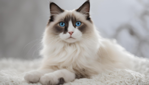 Ragdoll cat with soft, fluffy fur, a striking color-point coat, and piercing blue eyes, lying elegantly on a white, textured surface in a softly lit indoor setting.