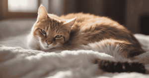 A calm cat resting on a cozy bed in a tidy, minimalist room.