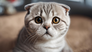 A close-up of a Scottish Fold cat with light gray fur, rounded ears, and wide, expressive eyes, sitting on a soft beige surface.