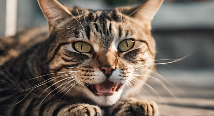 A tabby cat lying down with an open mouth, showing signs of labored breathing.