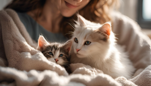 Two fluffy cats cuddling on a cozy blanket, with a smiling person in the background, creating a warm and comforting atmosphere.