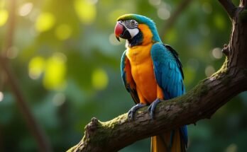 A descriptive image of the Harlequin Macaw in its natural pose.