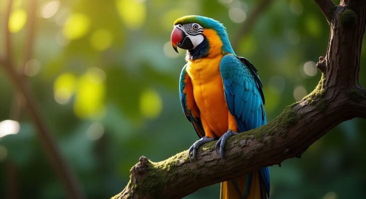 A descriptive image of the Harlequin Macaw in its natural pose.