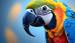 A close-up of a Harlequin Macaw's beak and facial patterns