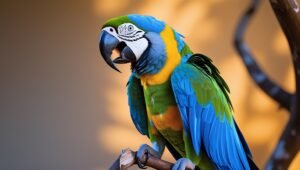 A Harlequin Macaw making sounds with its beak open