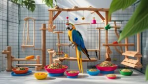 A spacious Harlequin Macaw cage with essential accessories
